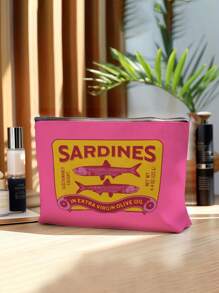 Geantă de mână și genți cosmetice multifuncționale cu imprimeu retro cu sardine, portofel pentru monede din in roșu-roșu, geantă de cumpărături, geantă de plajă, geantă de machiaj, portofel pentru monede, geantă de frumusețe, depozitare cosmetice în căminul universitar, potrivită pentru călătorii, plaje și întoarcerea la școală, cadou de ziua de naștere, cadou de Ziua Mamei (direcția frânghiei este aleatorie)