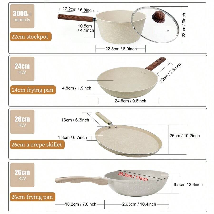 ABKOK 1件/2件/3件/4件/7件/12件/15件鋁製鍋具套組 7.4英吋附蓋深鍋 8.3英吋寬口煎鍋 9.8英吋煎鍋，煎炸與烹飪用。多件套裝與單鍋分開販售－可依廚房需求自由搭配