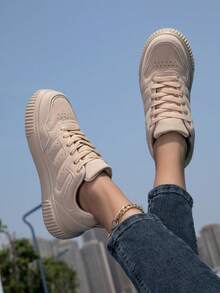 Women's Color Block Skate Shoes, Casual Lace Up Outdoor Shoes, Comfortable Low-Top Sneakers - Khaki - View 3