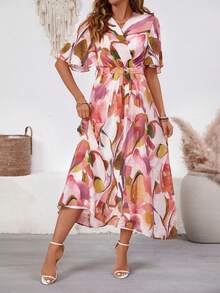 Women's Romantic Bohemian Floral Print Long Dress, Ruffle Sleeve/Small V-Neck/A-Line, Spring/Summer - Color - View 6