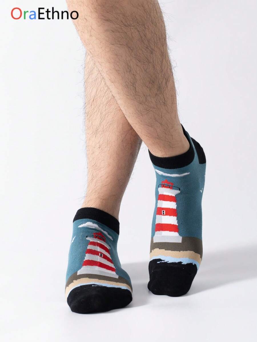 1 Pair Ankle Socks With Lighthouse Design, Blue & Red, Comfortable Breathable Moisture Wicking, Fun, Unique & Personalized Gift Idea - Multicolor - View 1