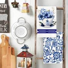 [2 Peças Toalhas de Cozinha de Porcelana Azul e Branca] Toalhas de Cozinha contemporâneas com Estampa de Porcelana Azul e Branca, Conjunto de Panos de Prato e Toalhas de Poliéster, Lavável em Máquina, Oblongo, Design Floral Cartoon, Tecido Tricotado, Secagem Rápida, Sem Fiapos - Perfeito para Lavar Louça e Decoração Doméstica