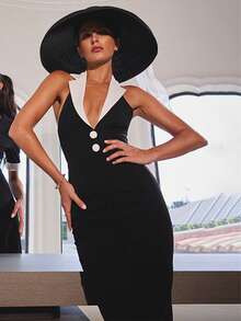 Women's Summer Sexy Halter V Neck Embellished Maxi Long Dress For Wedding Black And White Backless Evening Dress Elegant Cocktail Party Dress Bodycon - Black - View 9