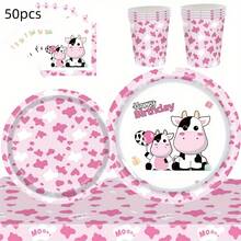 50pcs Pink Cow Themed Disposable Tableware Set, Includes 7in & 9in Paper Plates, Napkins, Cups, Thickened Disposable Tableware Set Suitable For Birthday Party, Theme Party, Outdoor Gathering, Family Gathering, Daily Use