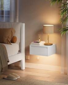 VASAGLE Nachttisch hängend 2er Set, Leuchte mit 3 Farben, schwebendes Wandregal, Schublade, 35 x 40 x 18 cm, modern, Wohnzimmer Schlafzimmer, wolkenweiß - Weiss - Übersicht 1
