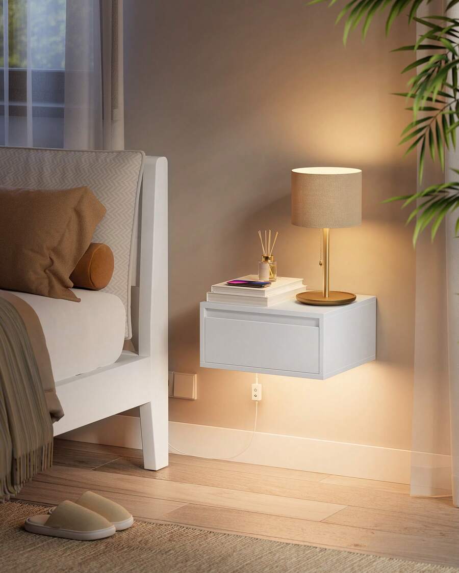 VASAGLE Nachttisch hängend 2er Set, Leuchte mit 3 Farben, schwebendes Wandregal, Schublade, 35 x 40 x 18 cm, modern, Wohnzimmer Schlafzimmer, wolkenweiß - Weiss - Übersicht 1