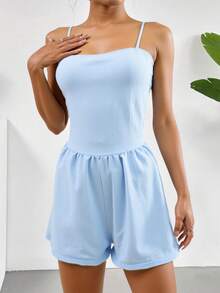 Mono Jumpsuit Liso Bohemio Casual Espalda al aire Nudo Fresco Suave Tirantes Dama Mujer Primavera Verano - Azul - Ver 5
