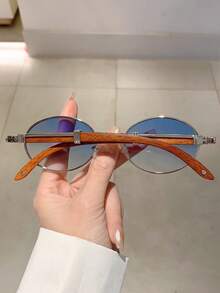 Neue modische Vintage ovale Rahmen Brille, Design mit Vortäuschung Holzmaserung Bügeln für Sommer Strand Urlaub, Outdoor, Reisen - c3 silberner Rahmen Farbverlauf blau - Übersicht 3