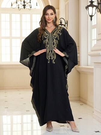 優雅な女性用刺繍入りブラックカフタンアラビアンワンピース モダンなドレスアウトフィット