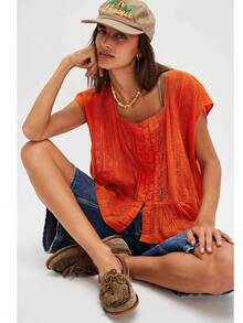 Women Summer Boho Tie Front Lace Trim Tank Tops Y2k Flowy Frilly Chiffon Vest Beach Button Ruffle Eyelet Tank Tops - trái cam - Xem 4