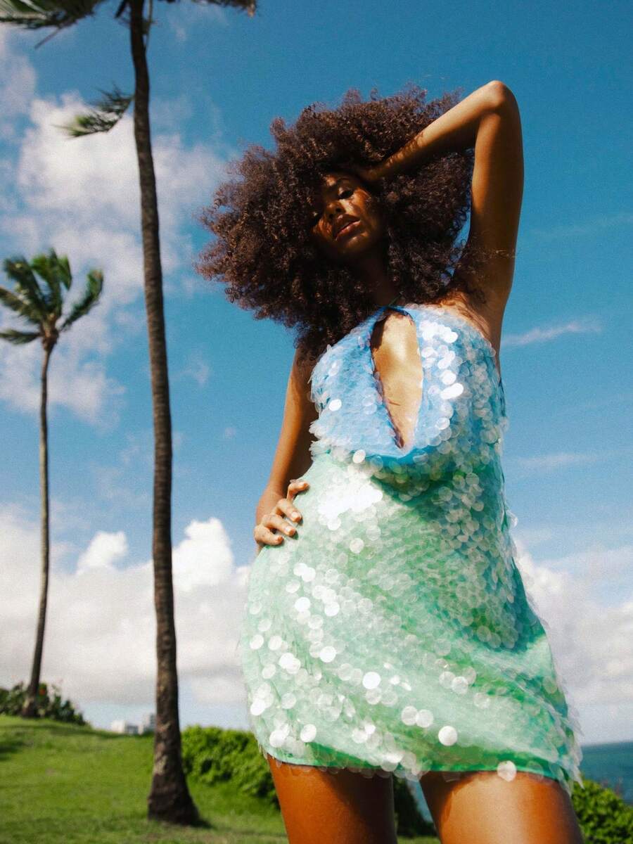 Women's Stylish Halter - Neck Backless Sequin Mini Dress For Special Occasions - Blue - View 1