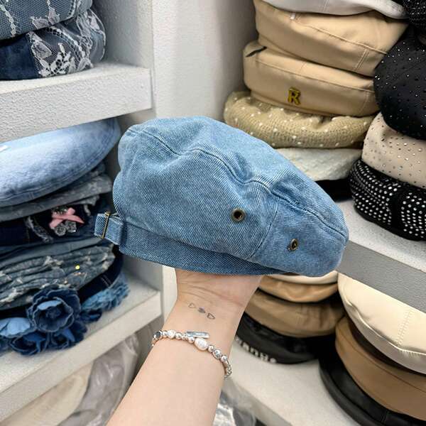 Women's Denim Beret Hat French Style Artist Hat Metal Chain Painter Hat Summer Jean Cap