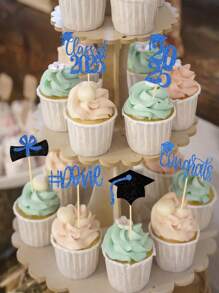 12pcs/Set 2025 Graduation Cupcake Toppers, 2025 Shiny Graduation Cupcake Decorations, 2025 Grad Class Congratulations Graduation Cap & Diploma Cupcake Picks, 2025 Blue And Black, Gold