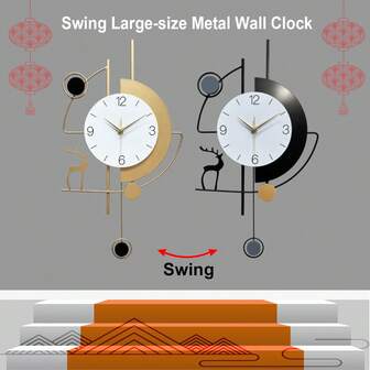 1 st. stor väggklocka med gunghjort i europeisk stil, gyllene metall, flera storlekar, tyst vintagemekanism, för inomhus- och utomhusbruk och trädgårdsprydnad, väggklocka