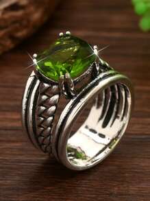 1pc Boho Style Vintage Silver Olive Green Zirconia Women's Ring, Suitable For Wedding, Engagement, Promise Or Daily Wear