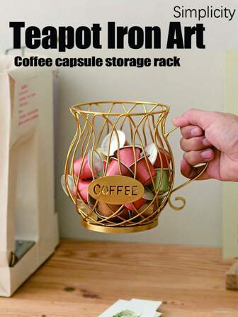 1pc Gold-Color Tea Pot Stand, Home Decor Storage Rack For Snacks, Candy, Suitable For Office, Living Room Coffee Table With Pre-Packaged Items Like Tea Leaves, Coffee Capsules, Candies (Does Not Include Any Food Items, Only The Storage Rack)