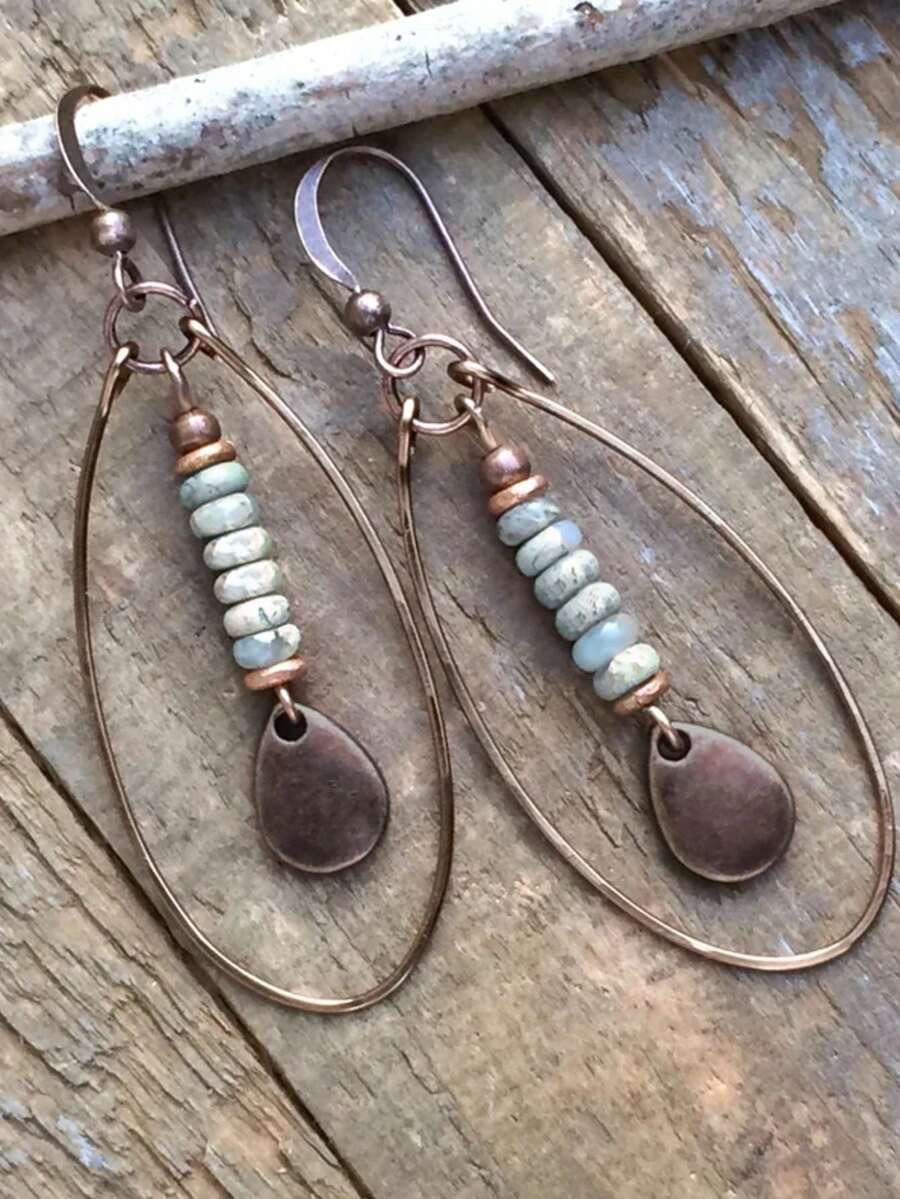 2pcs Boho Handmade Beaded & Shell Wood Hoop Earrings, Party Jewelry For Women