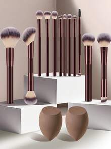 6/14件套化妆刷及海绵套装，包含12支化妆刷，其中3支为双头多功能刷，采用优质合成纤维制成，涵盖散粉刷、粉底刷、晕染刷、蜜粉刷、腮红刷、遮瑕刷、眼影刷等多种类型，适合所有肤质和用户。另含2个化妆海绵。 - 彩色 - 查看 13