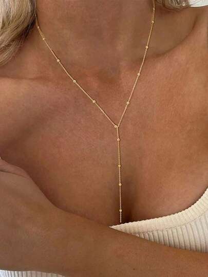 1 pièce Collier pendentif long élégant de 45 + 5 cm en acier inoxydable plaqué or 18 carats, avec une chaîne en forme de Y et un pendentif boule ronde, pour un port quotidien pour femmes