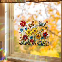 1 Piece Of Beautiful Flowers With Butterflies Flying, 2D Flat Square Color Film Acrylic, Colorful Light, Suitable For Outdoor Garden Sun Catcher, Living Room, Bedroom, Indoor Wall Art Hanging Decoration, Suitable For Family And Friends As Housewarming Gifts, Daily Gifts, Anniversary Gifts And So On
