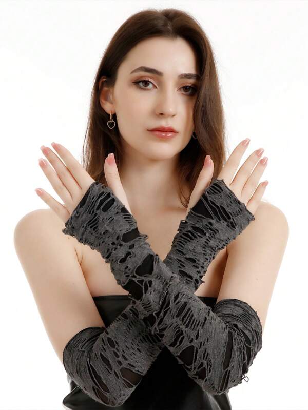 1 Pair Women's Distressed Long Apocalyptic Style Dark Punk Fingerless Gloves, Suitable For Daily Wear And Parties