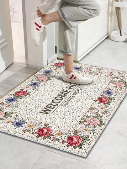 1 pieza Felpudo de bienvenida a casa con diseño floral sencillo, felpudo decorativo de entrada, alfombra de piso antideslizante y resistente, lavable, alfombra decorativa para apartamento, adecuada para la entrada del hogar, decoración de habitaciones, alfombra de baño para todas las estaciones, alfombra de exterior, felpudo de puerta, decoración de baño, decoración de otoño, de vuelta al colegio