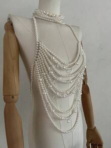 1 Pc Layered Beaded Body Chain - Crystal Drop Statement Necklace For Parties & Wedding Celebrations - White - View 7