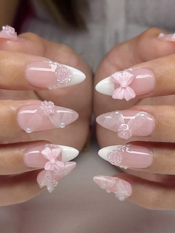 24 unidades de unhas postiças francesas brancas, tamanho médio, amêndoa, com cola, unhas postiças rosa fofas com laço de flores 3D, esmalte artesanal para festas, cola para unhas, reutilizável para mulheres, palitos de unha