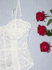 1pc Solid Color Sheer Contrast Lace Sleeveless Fitted Revealing Sexy Camisole Camisole Top
