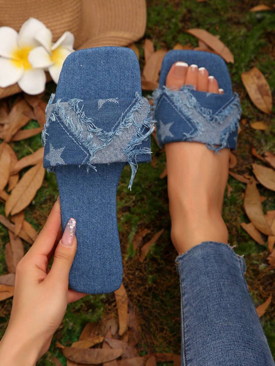 Square Toe Flat Sandals, Light Blue Denim Fringe Design, Simple Strap Style Slip-On Beach Shoes, Elegant Casual Versatile, New Spring/Summer Ladies Flats