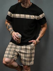 Men's Striped Print Crew Neck Short Sleeve T-Shirt & Shorts Set
