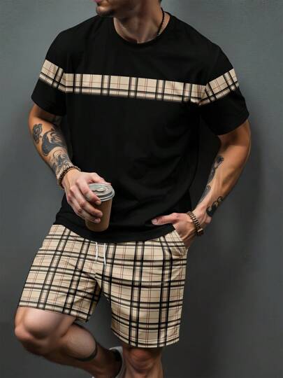 Conjunto de camiseta e shorts masculinos com estampa listrada, gola redonda, manga curta