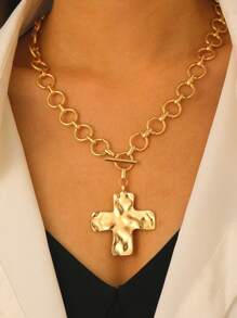 1 Collier pendentif rétro simple et exagéré en métal de forme géométrique ronde avec motif martelé. Boucle OT et chaîne épaisse. Convient pour le port quotidien des femmes. Bijoux épais.