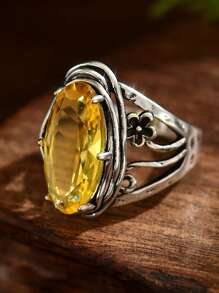 1pc Boho Style Vintage Silver Oversized Golden Cubic Zirconia Women's Ring, Wedding/Engagement/Promise Ring For Daily Wear