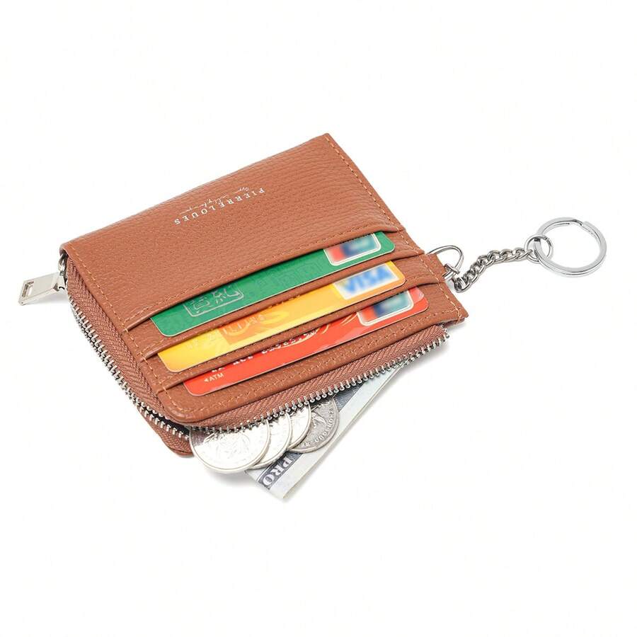 Fashionable Zipper Wristlet Clutch, Portable Wrist Strap Card Holder, Multi-Card Slots Solid Color PU Leather Coin Purse, Mini Leather Change Purse With Key Chain, Multi-Compartment Card Case For Women Wallet Mini Wallet Purse Wallet Wallet Keychain Card Wallet - Brown - View 1