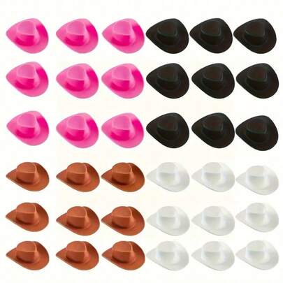 Set de 12/24 miniaturas de sombreros de vaquero y vaquera del oeste - Gorros de fiesta de plástico diminutos para manualidades, decoraciones de botellas y eventos temáticos (rosa, blanco, negro, marrón), sombreros en miniatura