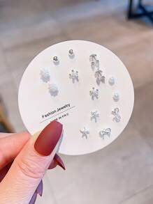 14pcs/Set Cute Faux Pearl, Glass, Rhinestone Butterfly, Pentagon, Star Shaped Earring Set, Suitable For Women, Daily Wear And Gift