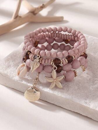 4pcs/Set Boho Style Starfish, Seashell & Bead Decor Layered Bracelet Set, Suitable For Women's Daily, Beach, Casual And Ocean-Themed Outfits