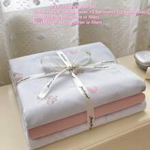 3/4pcs Pink Printed Bedding Set, Cute Rabbit & Bear Print Bedding Set For Girls, Cartoon Animal Soft Pink Bow Pink Heart Polyester Fabric Skin-Friendly Bedding Set (1 Duvet Cover + 1 Bedsheet + 1/2 Pillowcase, Without Filler)