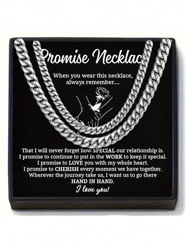 2pcs Stainless Steel Hip Hop Style Cuban Chain Necklace Set, Couple Promise Necklace With Card, Everyday Wear & Gift, Valentine's Day Anniversary, Jewelry All Season With Elegant Gift Box