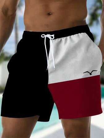 Herrmönster med sommartryckt dragsko i midjan Sned ficka Hawaiian snabbtorkande dubbellagers meshfodrade shorts med måskontrast Färg 3D-utskrift, Mode Casual Beach Holiday Vacation 7" Shorts, Beachwear