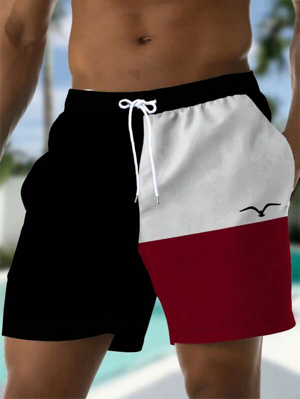 Men's Summer Printed Pattern Drawstring Waist Oblique Pocket Hawaiian Quick Dry Double Layer Mesh Lined Shorts With Seagull Contrast Color 3D Print, Fashion Casual Beach Holiday Vacation 7" Shorts, Beachwear