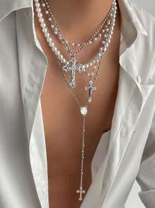 4pcs Vintage Punk Style Metal Cross Pendant Y-Necklace, Men's Hip Hop Fashion Faux Pearl Beaded Multi Layer Necklace Set