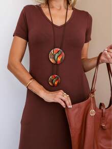 Long Dress Short Sleeve Fashion Comfy Super Comfortable With Pocket - 鏽棕色 - 查看 3