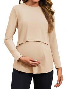 Fisoew Women's Maternity Nursing Tops - Soft Long Sleeve Double Layer Breastfeeding Shirts | Pregnancy Clothes For Nursing Moms, Y2K Casual Chic, 2024 Maternity Wear, Plus Size Friendly, Button Down Nursing Tee