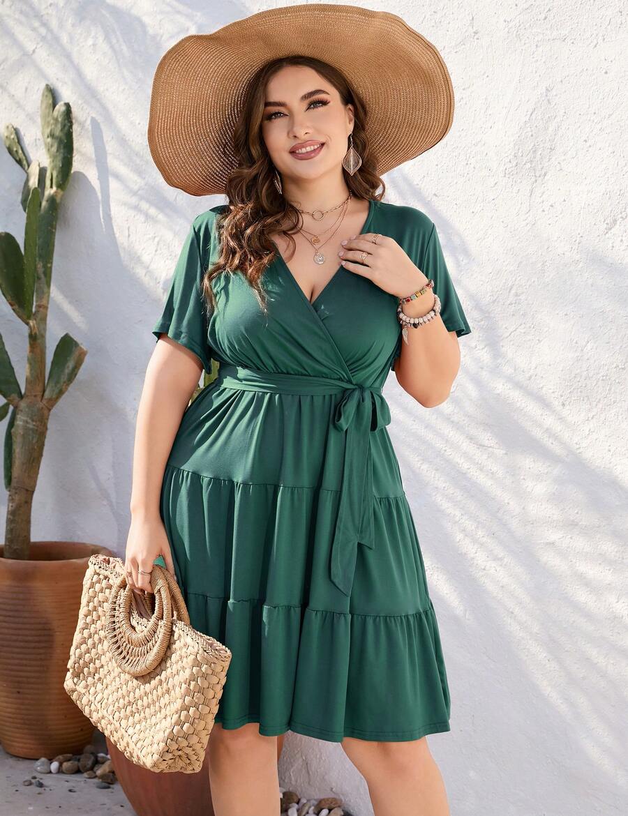 Yesfashion Women Plus Size V Neck Wrap Dress High Waist Short Sleeve Ruffle Casual Summer Midi Dress With Belt - 墨綠色 - 查看 1