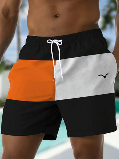 Men's Summer Printed Pattern Drawstring Waist Oblique Pocket Hawaiian Quick-Dry Double-Layer Mesh Lined Shorts With 3D Seagull Colorblock Print, Fashionable Casual Beach Holiday Vacation 3" Shorts, Swim Trunks