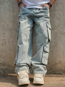 Jeans cargo para hombres con múltiples bolsillos y efecto desgastado, pantalones rectos informales