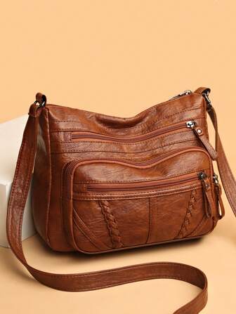 Women's Solid Color Large Capacity Tote Bag, Multi-Layer Zipper Pockets Retro Elegant Crossbody Bag, Small Leather Zipper Handle, Braided Decor, Waterproof PU Anti-Theft Outdoor Shopping Mommy Bag, Lightweight Compact Coin Purse Suitable For Shopping, Parties, Business