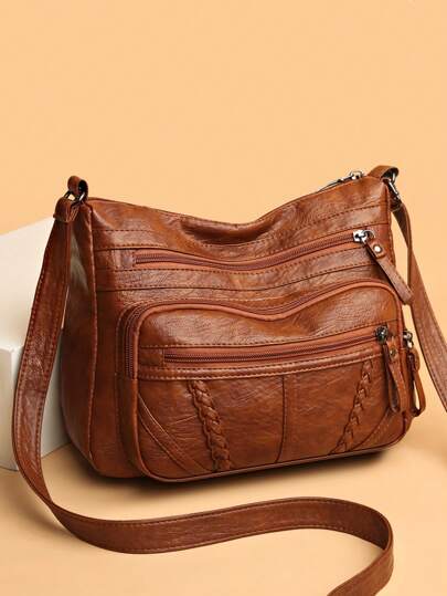 Borsa a tracolla da donna di grandi dimensioni, monocromatica, con tasche con zip multistrato, elegante stile retrò, piccola cerniera in pelle, decorazione intrecciata, borsa impermeabile in PU antifurto per shopping, feste, lavoro, leggera e compatta, adatta anche come portamonete